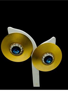 Amazing Huge Blue Rivoli Disk Earrings Matte Gold Tone